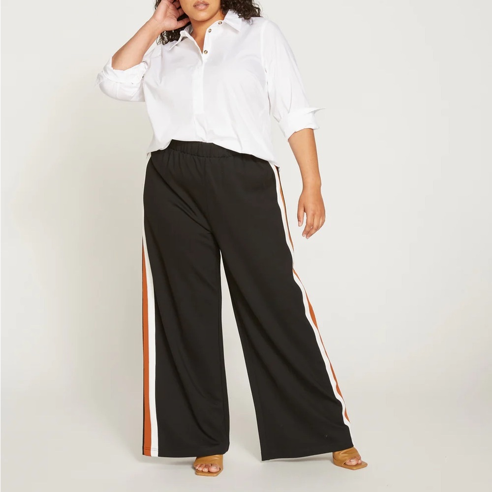 Universal Standard Black Wide-Leg Track Pants with White and Brown Side Stripes